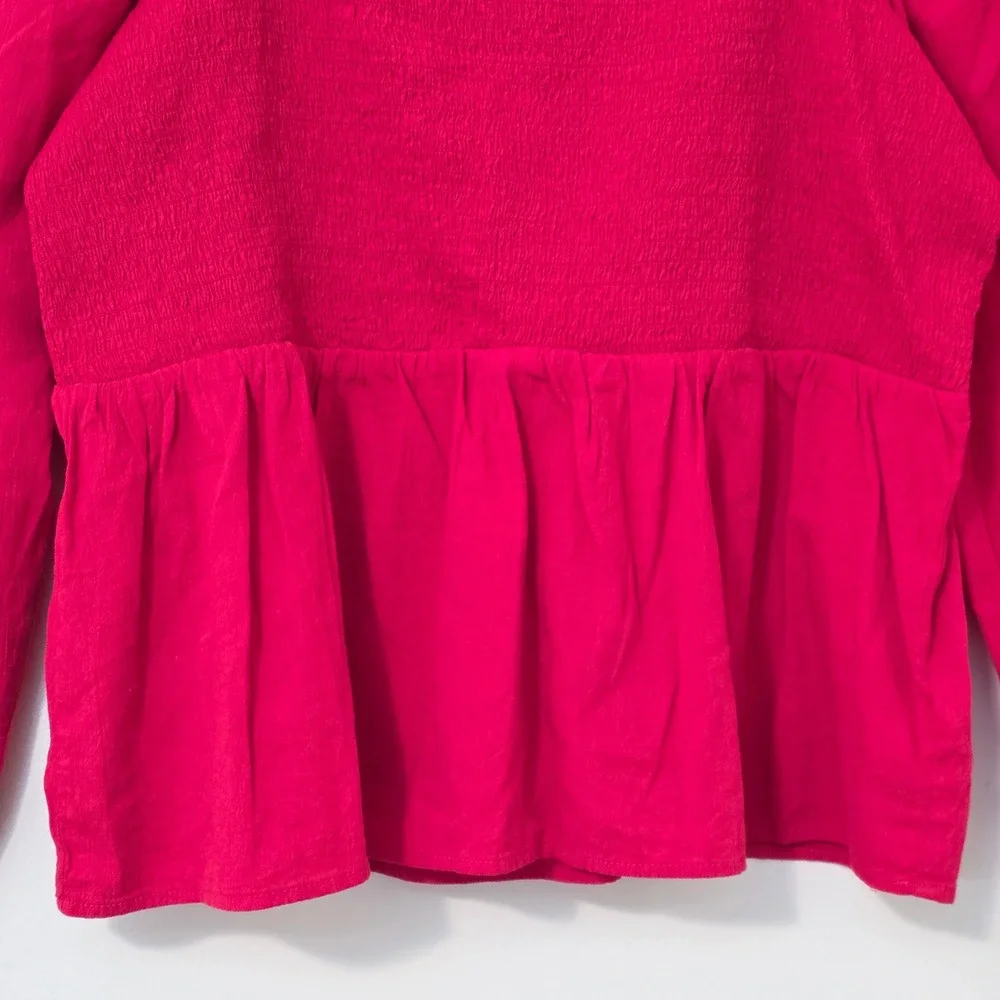 Old Navy Smocked Crepe Top Sz XL Long Puff Sleeve Red Square Neck